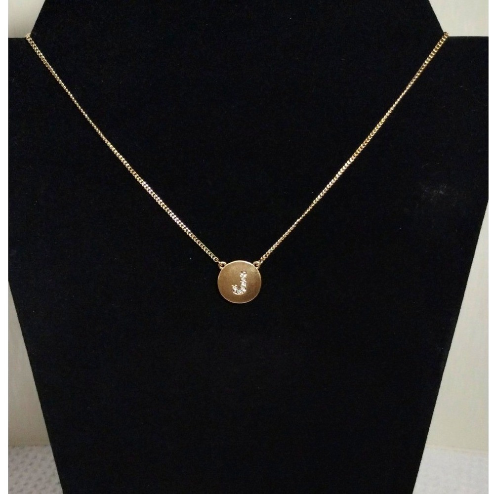 Gold Tone Initial J Rhinestone Disc Pendant Necklace 18 Inch Curb Chain Monogram